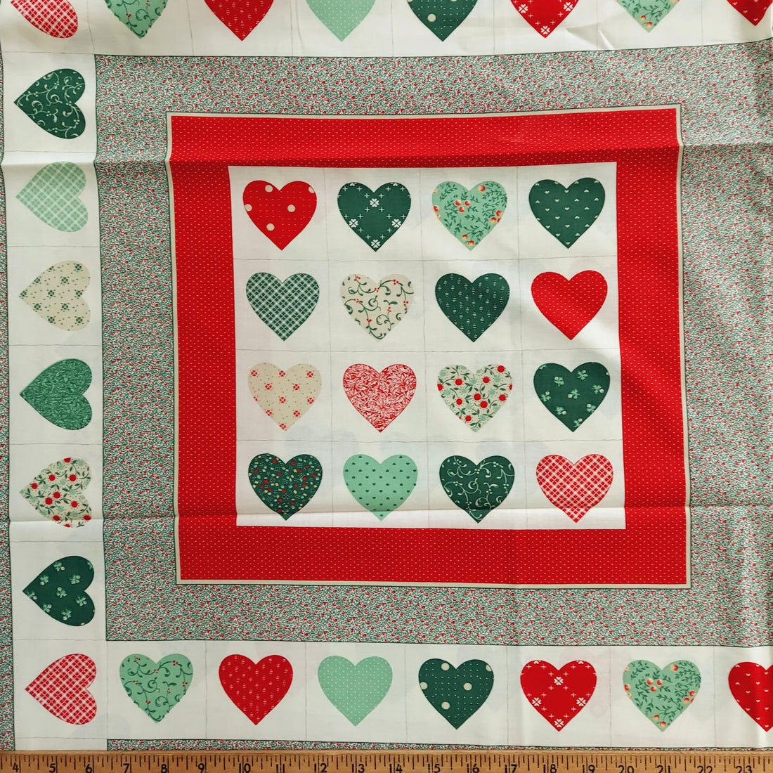 Spring Industries Cheater Quilt Red, White, and Green Hearts 4960 60